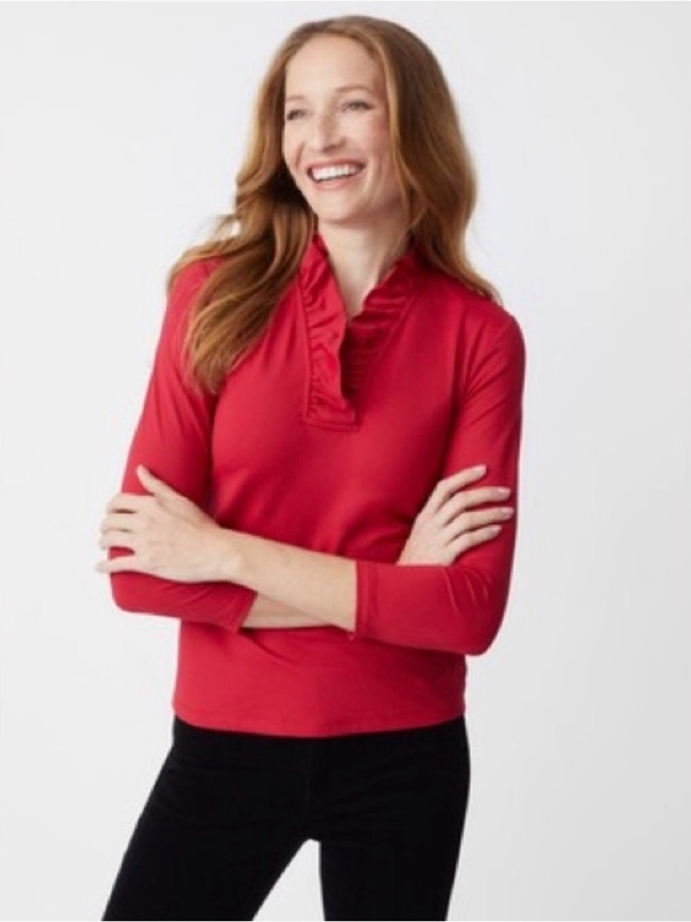 J. McLaughlin Durham Ruffle Top V-Neck 3/4 Sleeve Top Red Catalina Size XL